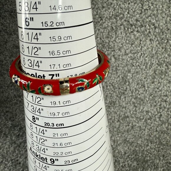 Clamper Style Bracelet Red Color Flower Pattern Accent Multicolor Enamel Painted - Picture 3 of 16